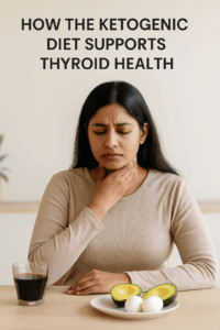 woman experiencing thyroid discomfort with keto foods like avocado, eggs, and olive oil on the table—illustrating thyroid health management through a ketogenic diet.