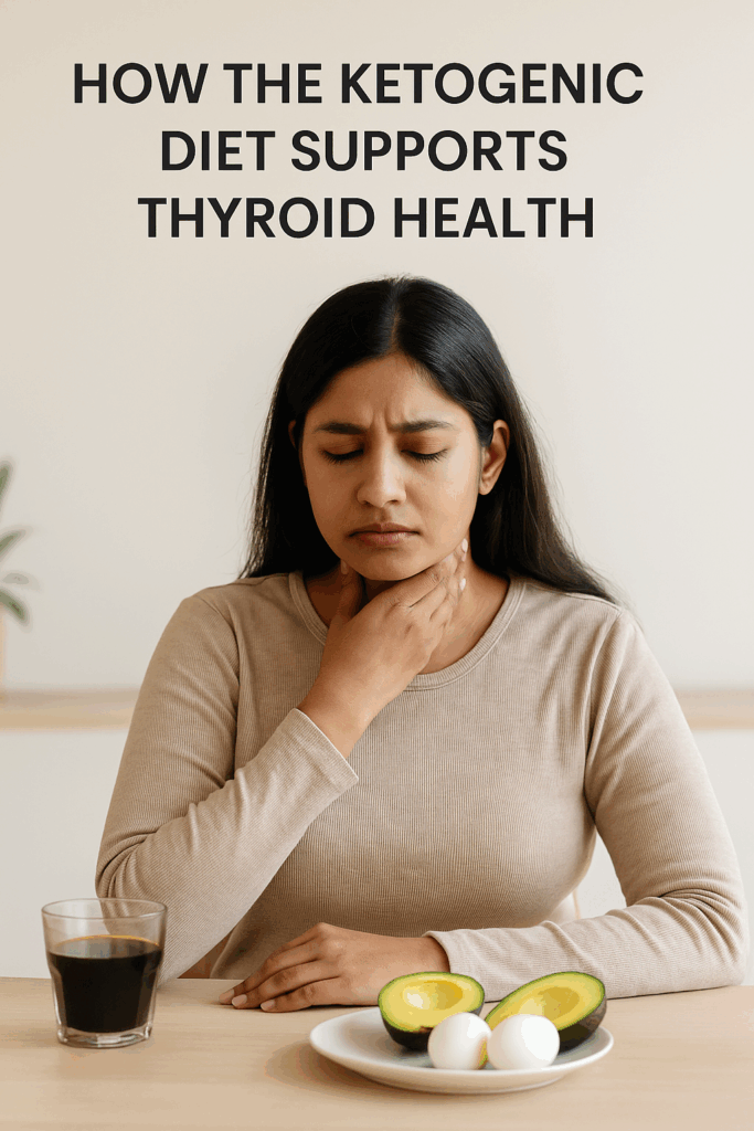 woman experiencing thyroid discomfort with keto foods like avocado, eggs, and olive oil on the table—illustrating thyroid health management through a ketogenic diet.